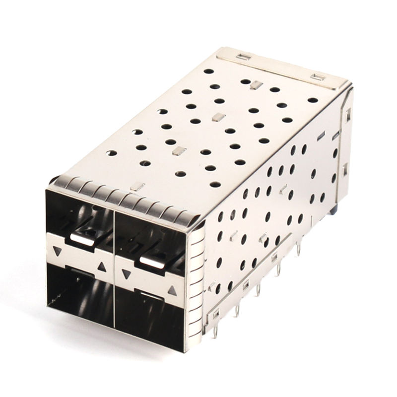 Metal EMI Shielded 2x2 Stacked Rack-Style SFP+ Cage with Press-Fit Termination Optical Fiber I/O Connector