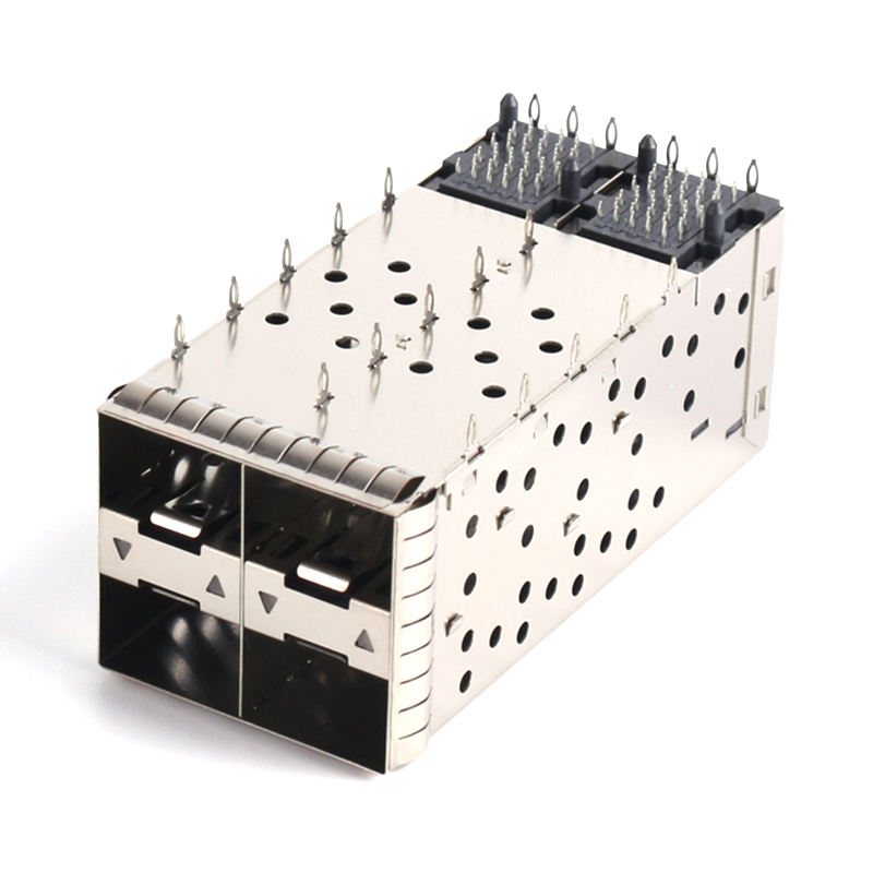 Metal EMI Shielded 2x2 Stacked Rack-Style SFP+ Cage with Press-Fit Termination Optical Fiber I/O Connector