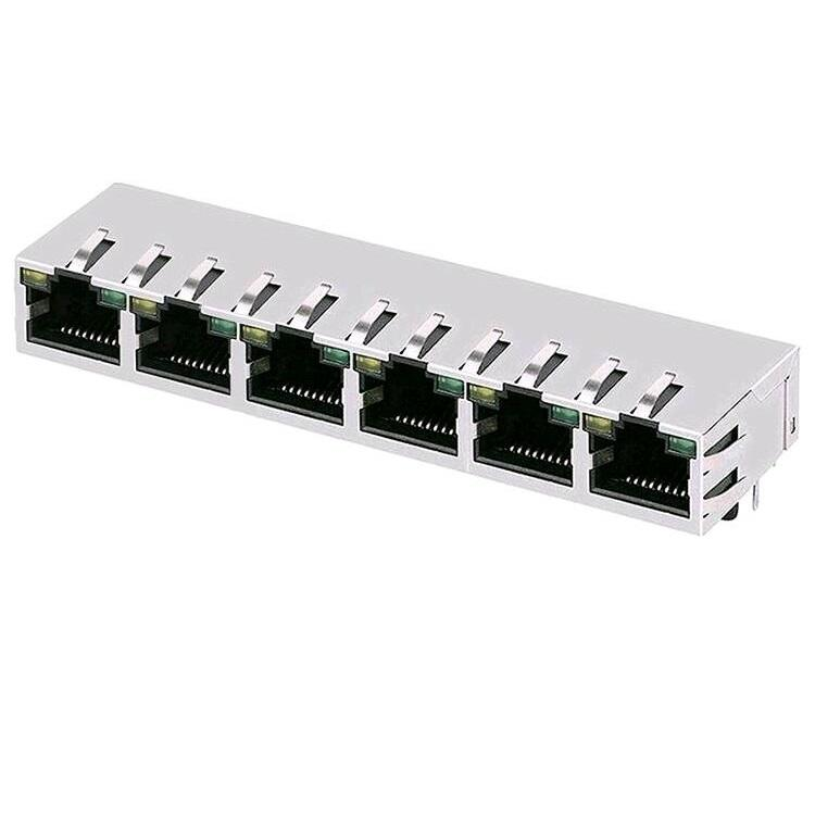 1x6 Port Tab Down 100 Base-T Network Modular Jack LEDs Magnetic Ethernet RJ45 Female Connectors